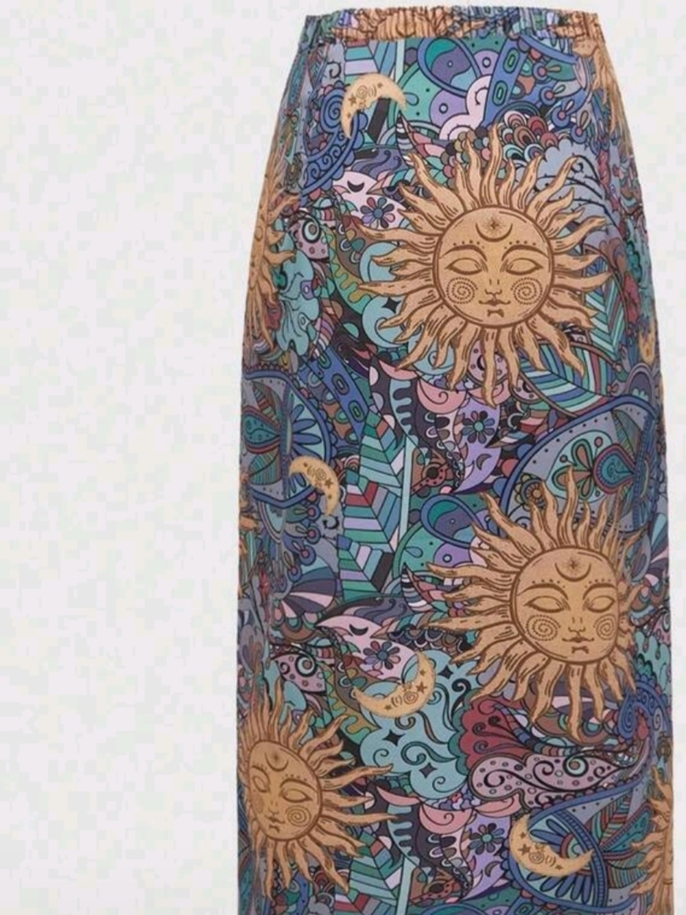 ROMWE Brown & Teal Sun Motif Midi Skirt W/ Quarter Cut And Disguised Back zipper - Picture 6 of 13